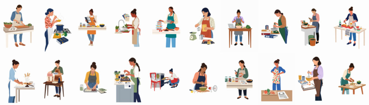 Comprehensive set of diverse women multitasking with cooking, meal preparation, and social justice activism, illustrated in a modern flat vector style.