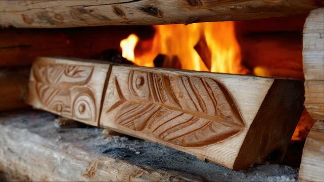A carved wooden beam with relief designs, flames in the background