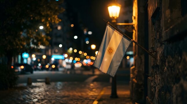 Argentinian flag waving on a cobblestone street at night with warm lamp light and bokeh