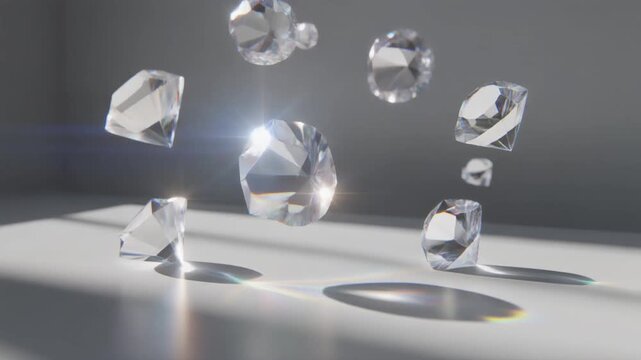 Translucent quartz crystals float above white surface with soft morning sunlight, rainbow refractions and delicate caustic light patterns, creating elegant minimalist luxury branding background.
