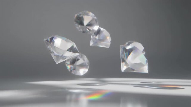 Translucent quartz crystals float above white surface with soft morning sunlight, rainbow refractions and delicate caustic light patterns, creating elegant minimalist luxury branding background.