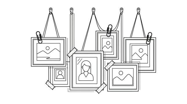 Hand-drawn gallery wall of framed pictures and portraits, sketch style