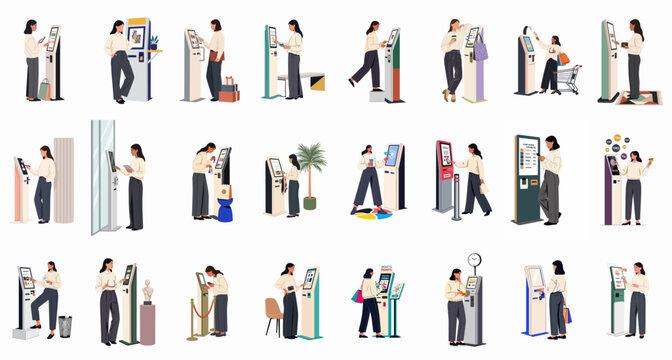 Collection of flat illustrations showing a woman using various self-service kiosks for digital payments, ordering, and information across different commercial settings