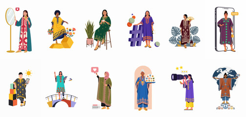 Fototapeta premium Diverse collection of women in traditional kaftans engaged in modern activities, social media, and global unity, represented in a flat vector style.