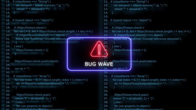 Bug wave warning neon sign over digital programming code background, for software development, coding