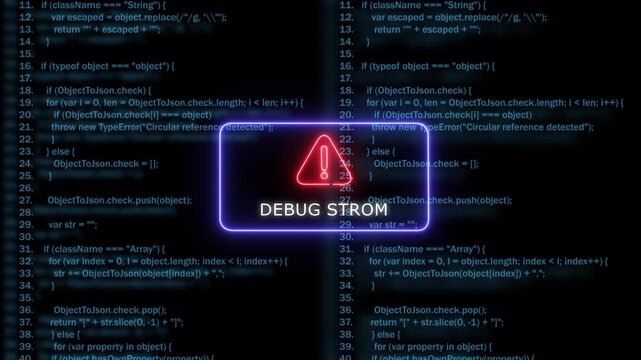 Neon warning sign over programming code background, for software development, and debugging concepts coding