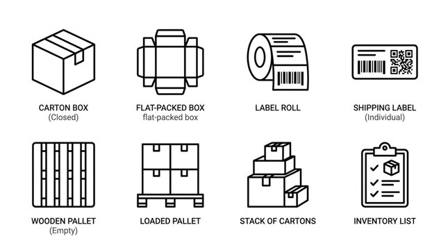 A collection of warehouse items including carton boxes, flat-packed boxes, label rolls, shipping labels, wooden pallets, loaded pallets, stacks of cartons, and an inventory list.