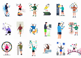 Fototapeta premium Comprehensive collection of flat vector illustrations featuring young people engaged in programming, data science, and AI development using the Python language.