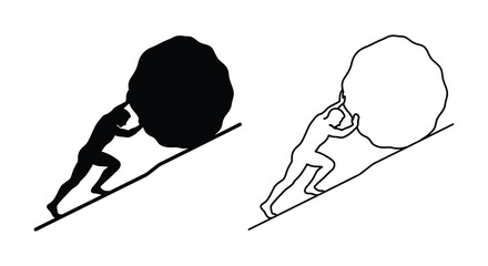 Man Pushing Large Boulder Uphill Depicted As A Black And White Silhouette male person figure rock stone slope © Kamal