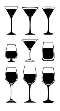Minimalist cocktail glass icons set, black silhouette wine and martini glassware vectors, 9 elegant drink symbols for bar menus and signage