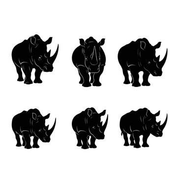 Rhinoceros silhouette vector set, black rhino animal icons in various poses, wild rhinoceros safari wildlife graphics for logo design and conservation branding