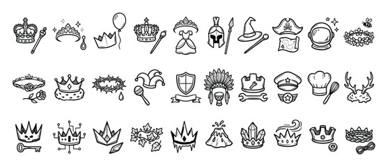 Obraz premium Set of crown and hat symbols representing various concepts such as royalty, magic, adventure, and professions perfect for game assets, web graphics, or decorative motifs.