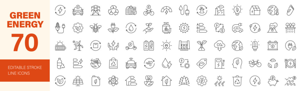 Green energy icon set. Editable line icons. Vector illustration.