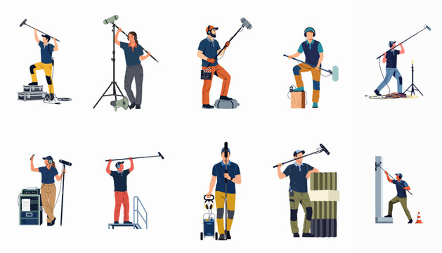 Set of flat vector illustrations featuring professional boom operators and sound recordists with audio equipment for film and television production.