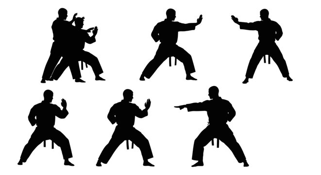 Martial arts silhouettes set, karate and aikido fighter poses, black vector silhouettes of men in combat stances, sports training graphic elements