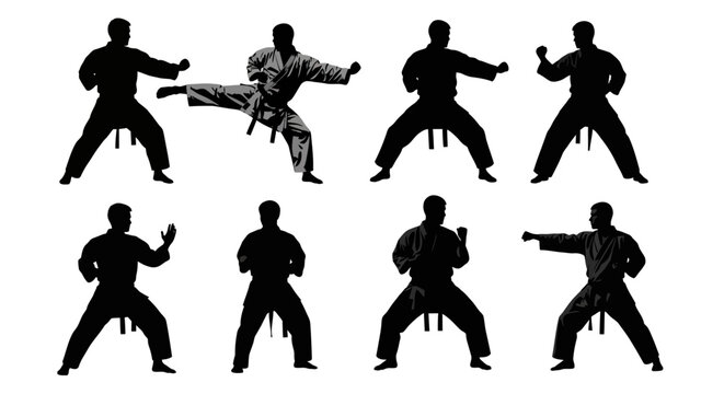 Martial arts karate silhouettes set, black belt fighter poses in traditional uniform, 8 combat sport vector elements for dojo training and competition