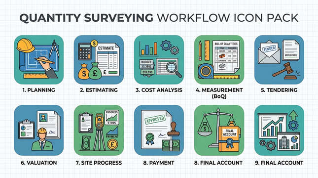 Quantity surveyors work on construction site with various tools and documents
