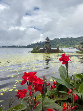 Red canna lilies before a lakeside meru shrine and lily pads under a cloudy sky at Pura Ulun Danu Beratan, Bedugul, Bali, Indonesia.