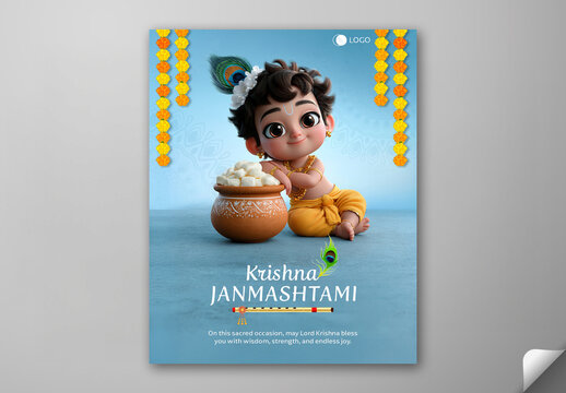 Editable Happy Krishna Janmashtami Social Media Greeting Post Template with 3D Cute Little Krishna Holding Makhan Pot on Blue Background.