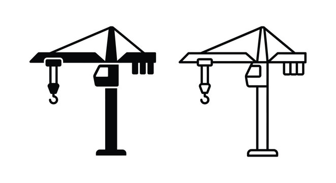 Tower crane outline with hook and cabin black and white linear silhouette construction lifting equipment hoisting heavy building