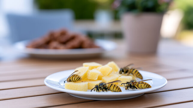 Close up photo of yellowjacket wasps, Vespula vulgaris commonly, on a plate of cheese cubes on a wooden outdoor table with blurred background