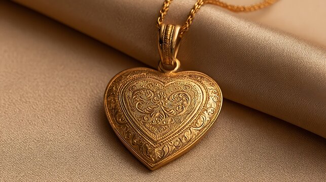 A gold heart locket pendant rests on textured beige silk. This classic jewelry piece symbolizes love and luxury for.