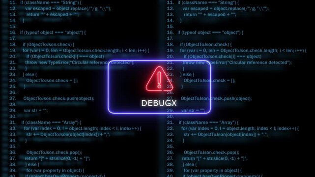 Neon debug error warning sign over glowing software source code background, programming coding software development