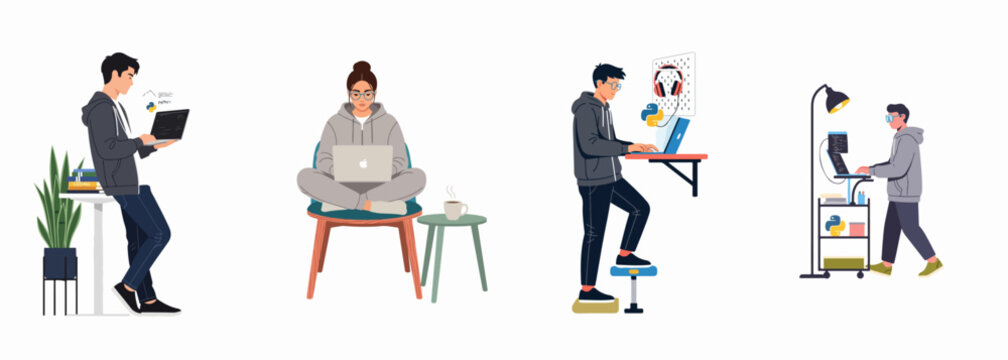 Flat illustration set of young developers and programmers working on laptops in various casual home office setups, featuring Python coding language elements.