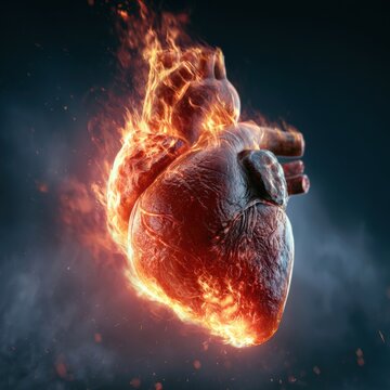 A heart made of fire pulses with heat, set against a dark background conveying strong emotions and intense feelings.