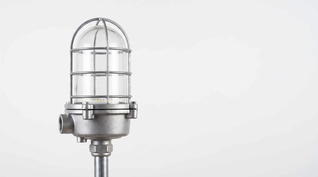 Industrial metal bulkhead lamp with a glass dome cage design isolated on a white background