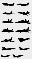 Fototapeta premium Military aircraft silhouettes set, 14 fighter jet and bomber plane vector icons, black aviation warplane shapes for tactical design and infographics