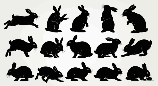 Rabbit silhouette collection with 15 black bunny icons. Easter hare vector set in various poses. Jumping and sitting rabbit shapes for nature design.