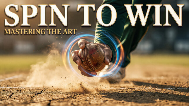 Cricket player throwing ball with spin on dirt field with text spin to win mastering the art