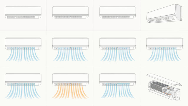Modern air conditioner vector set, split system AC unit icons with cold and hot airflow, HVAC climate control equipment collection for home