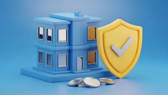 3D house model with shield and coins, security concept