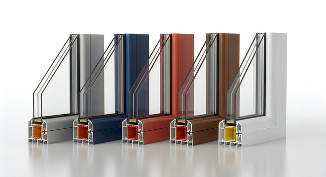 Crosssection of modern triple glazed window profiles in various colors, showcasing thermal insulation, energy efficiency, and durable pvc frame construction