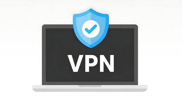 Digital shield icon on laptop screen displaying VPN security technology in modern workspace
