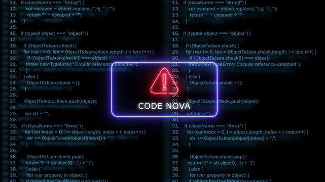 Cyber security alert with code nova warning sign on digital programming background, software development