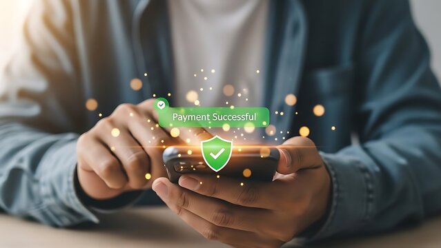Man holding smartphone with green security shield and icons floating above