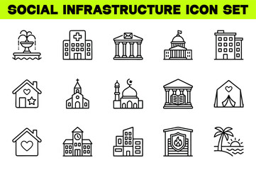 Fototapeta premium Social Infrastructure Icon Set – Editable Stroke Vector Illustration of Government, Community and Public Service Building Icons