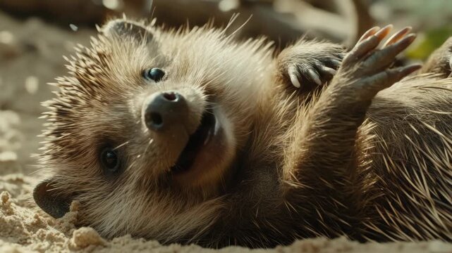 Delightful little hedgehog sprawled out with a content smile and eyes half closed.