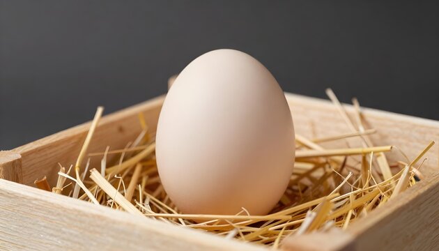 Single pale brown egg resting in a wooden crate filled with straw