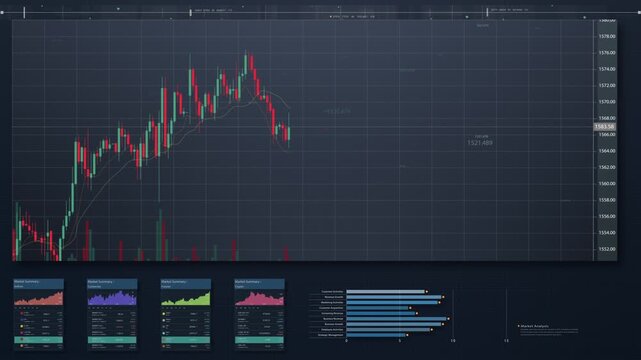 Dynamic financial market analysis displays evolving candlestick chart with real-time data fluctuations and multiple analytical graphs motion graphics background.