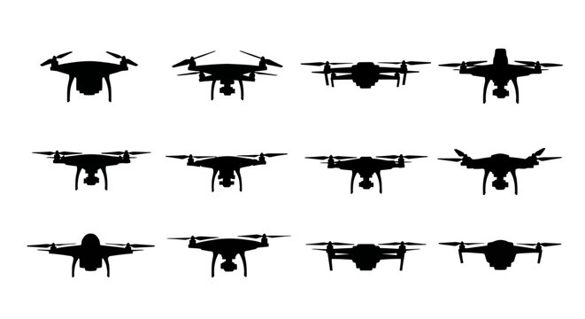 Drone silhouette collection, 12 quadcopter vector icons set. Modern aerial photography equipment, unmanned aerial vehicle symbols for technology design