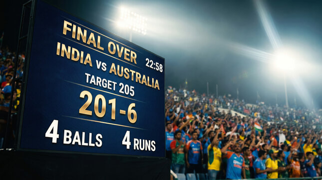 Cricket scoreboard India vs Australia final over target 205 score 201-6 four balls four runs needed crowd cheering stadium lights