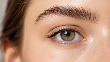 Fototapeta premium Close-up of a woman's eye with natural, glowing skin and defined brows, clean beauty no makeup concept.