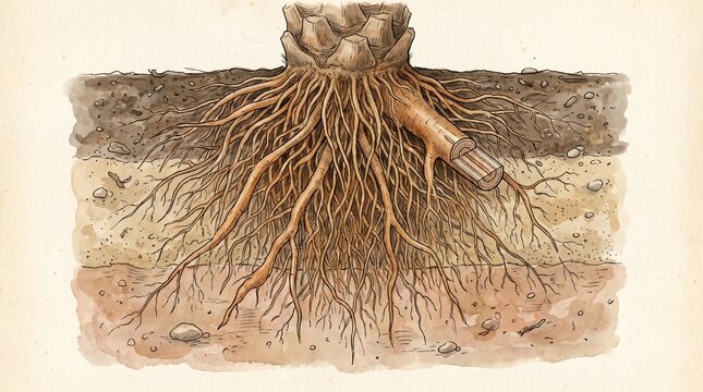 Healthy Phoenix dactylifera Adventitious Root System with Dense Fibrous Roots and Natural Soil Profile