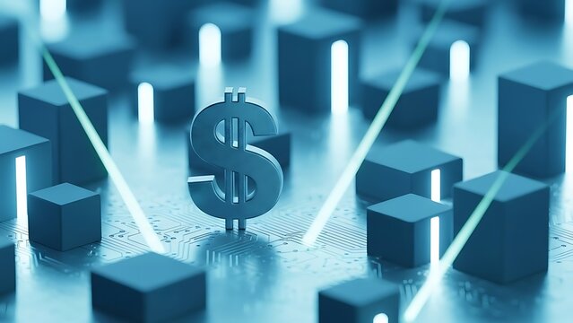 Shining dollar sign amidst blue blocks, laser beams