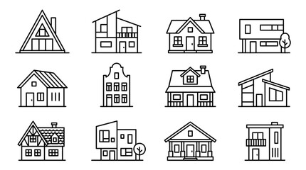 Modern House Icons Collection: Diverse Architectural Styles, Vector Line Art © Suyat
