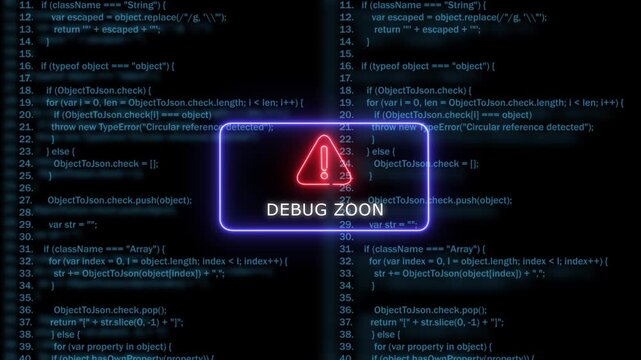 Neon debug zone warning sign over scrolling software source code background, programming coding software development